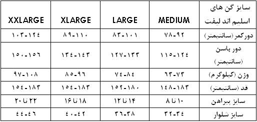 جدول تعیین سایز گن زنانه اسلیم لیفت